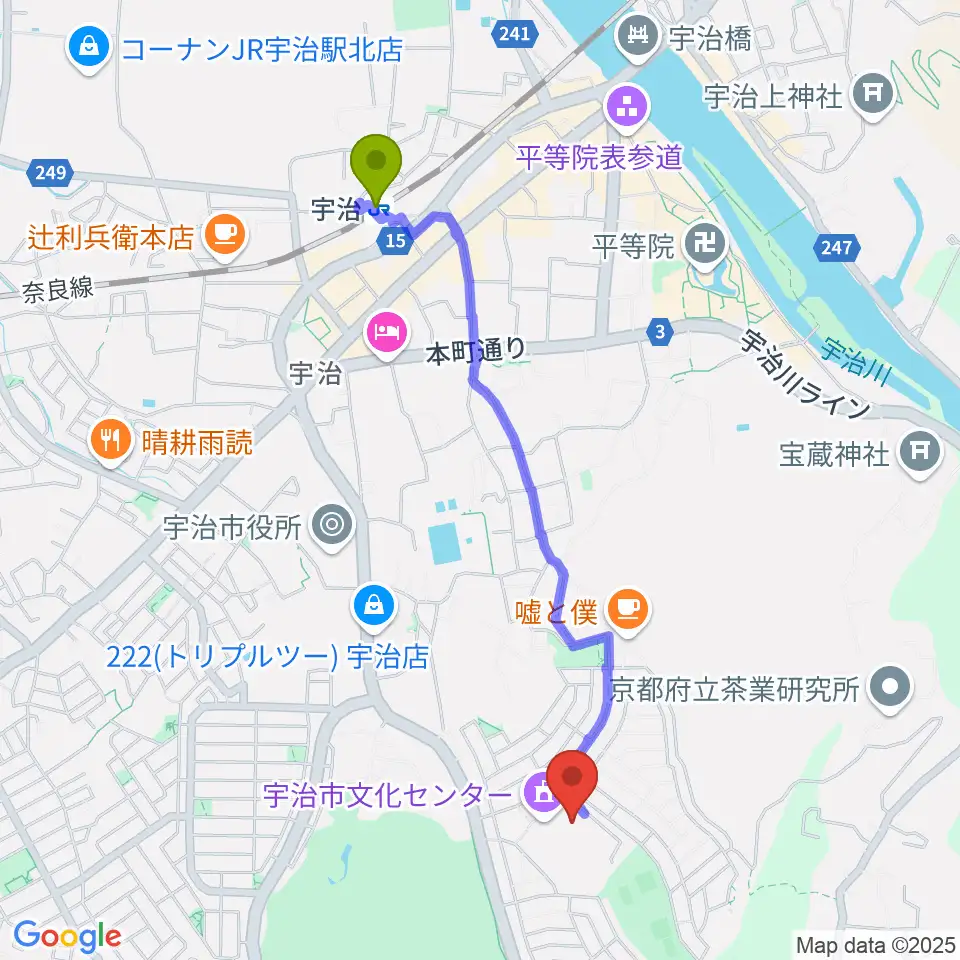 宇治市文化会館の最寄駅宇治駅からの徒歩ルート（約21分）地図