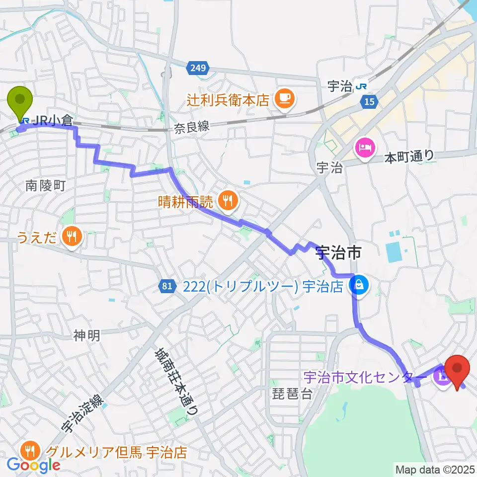 ＪＲ小倉駅から宇治市文化会館へのルートマップ地図
