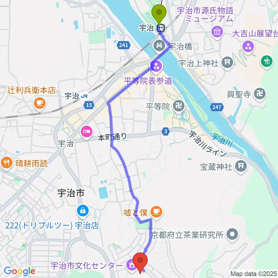 宇治駅から宇治市文化会館へのルートマップ地図