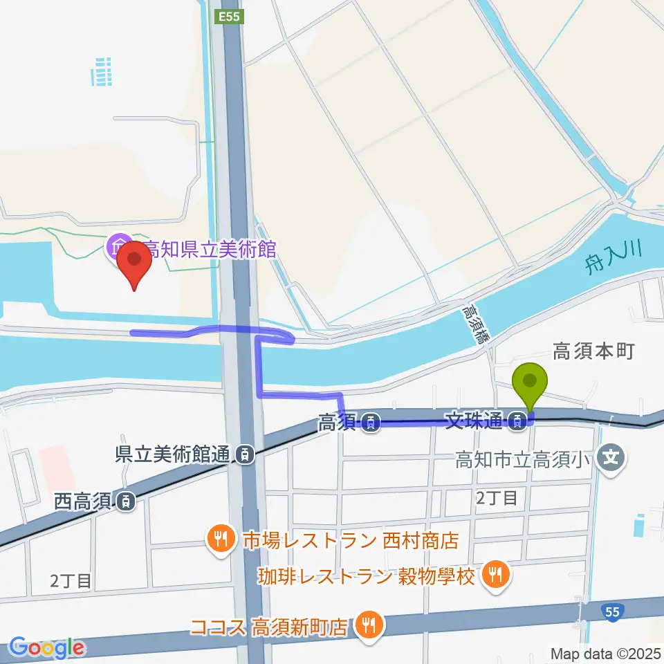 文珠通駅から高知県立美術館へのルートマップ地図