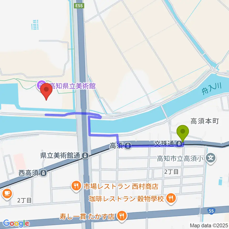 文珠通駅から高知県立美術館へのルートマップ地図