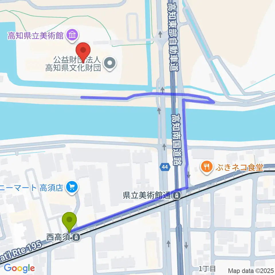 西高須駅から高知県立美術館へのルートマップ地図
