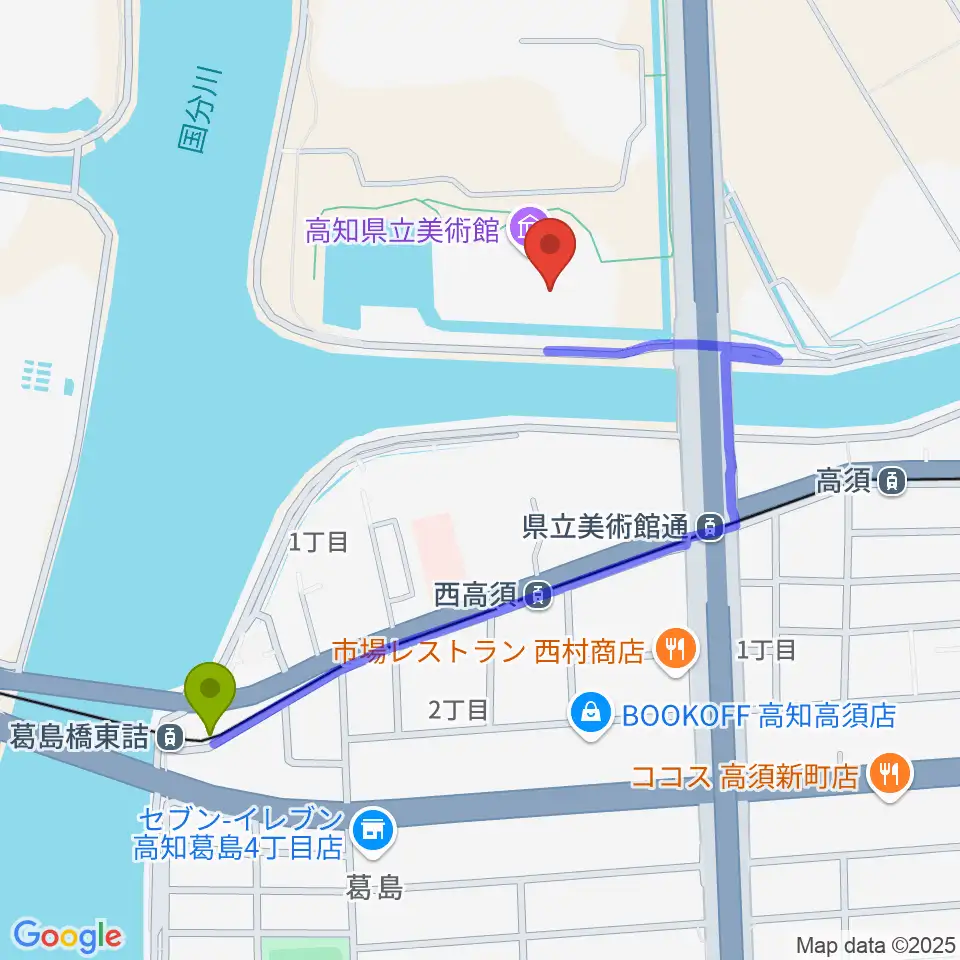 葛島橋東詰駅から高知県立美術館へのルートマップ地図