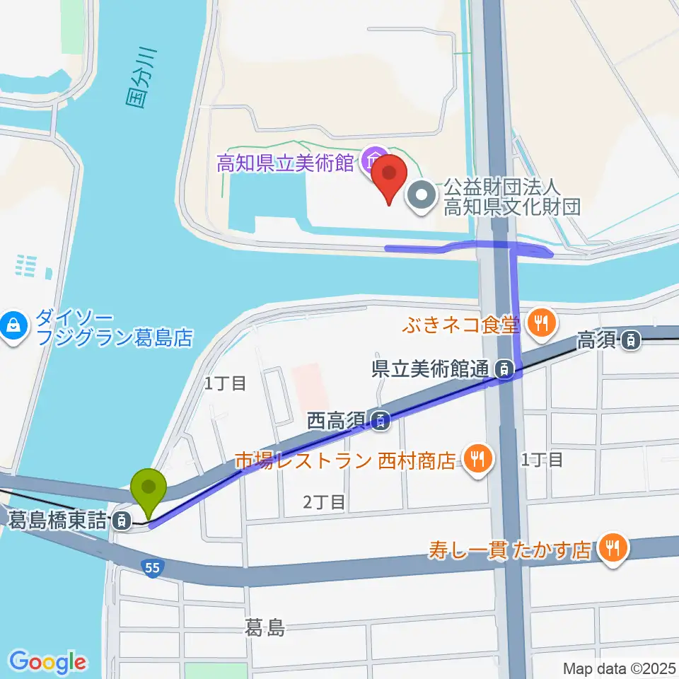 葛島橋東詰駅から高知県立美術館へのルートマップ地図
