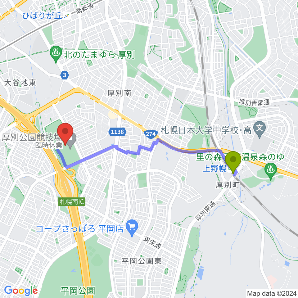 上野幌駅から厚別公園競技場へのルートマップ地図