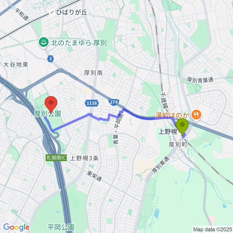 上野幌駅から厚別公園競技場へのルートマップ地図