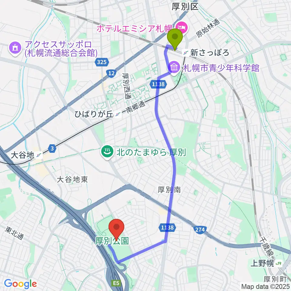 新札幌駅から厚別公園競技場へのルートマップ地図