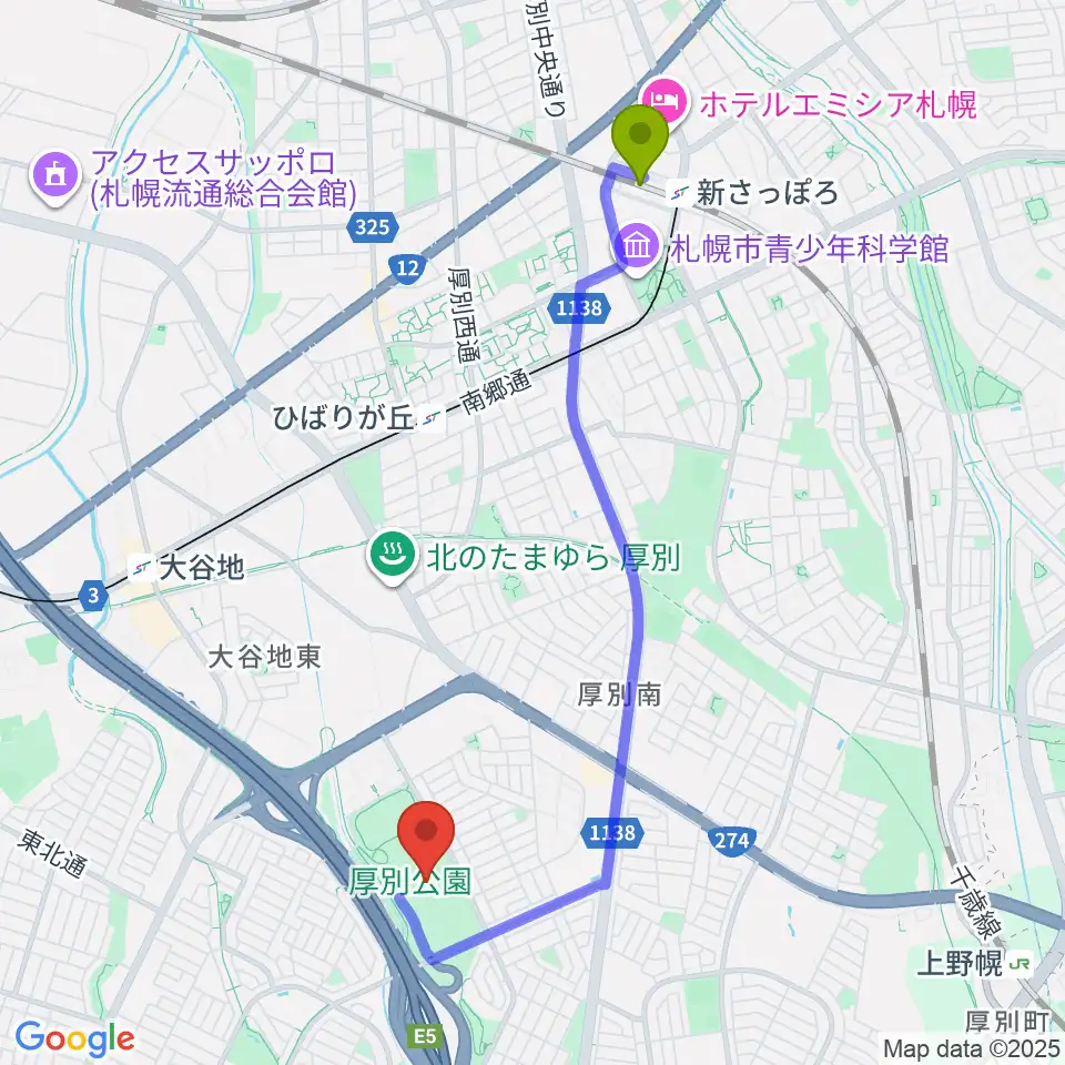 新札幌駅から厚別公園競技場へのルートマップ地図