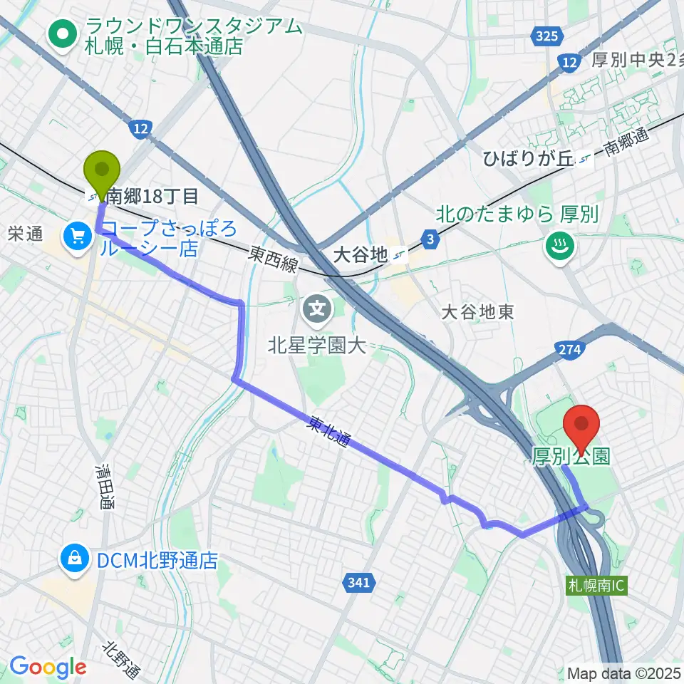 南郷１８丁目駅から厚別公園競技場へのルートマップ地図