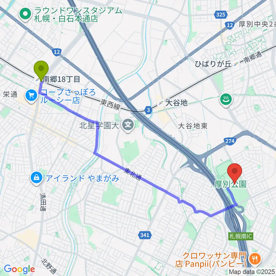 南郷１８丁目駅から厚別公園競技場へのルートマップ地図