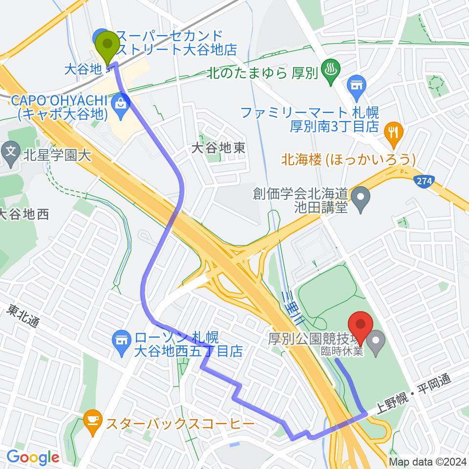 厚別公園競技場の最寄駅大谷地駅からの徒歩ルート（約22分）地図