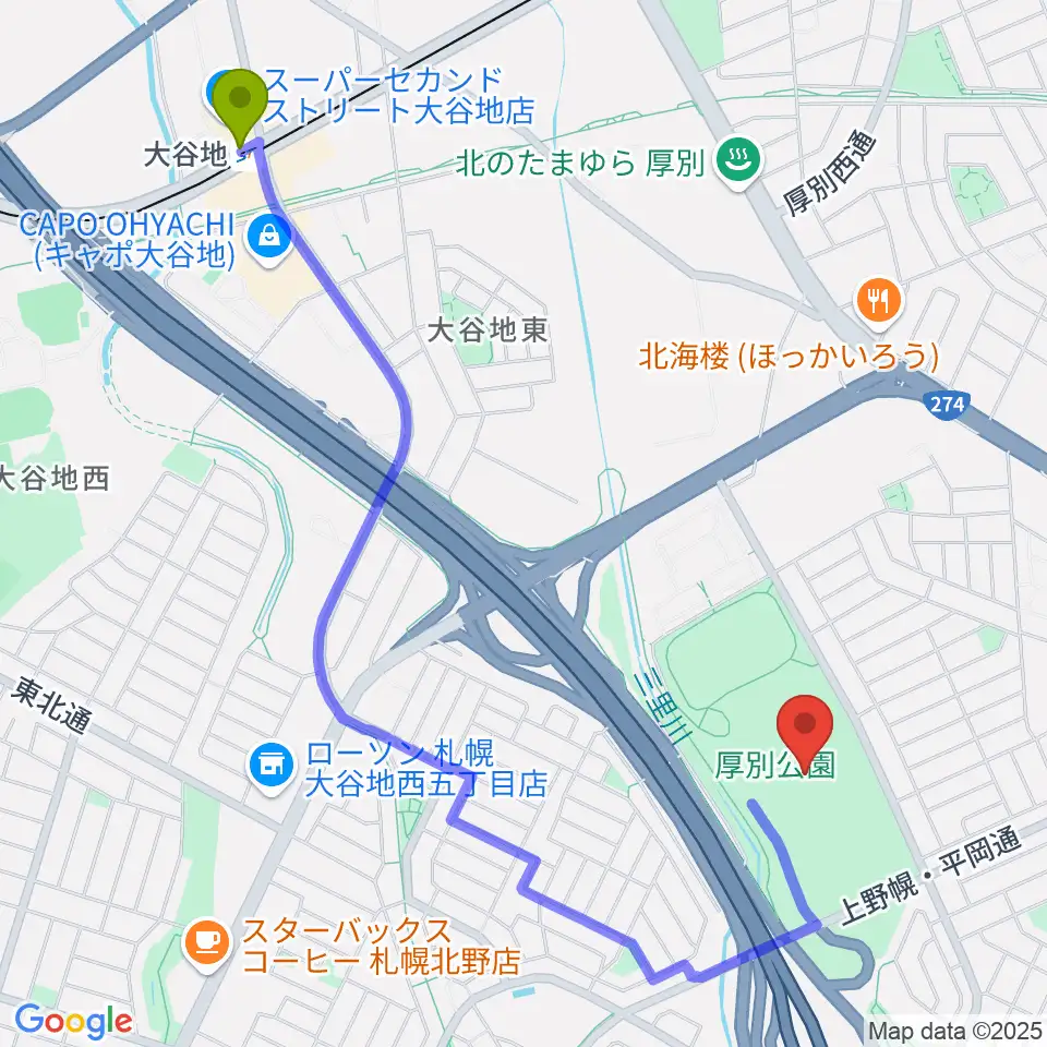 厚別公園競技場の最寄駅大谷地駅からの徒歩ルート（約22分）地図