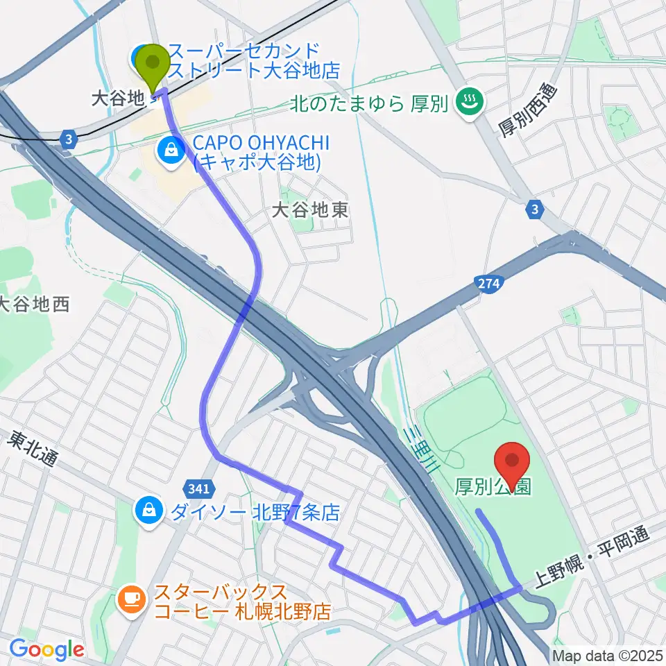 厚別公園競技場の最寄駅大谷地駅からの徒歩ルート（約22分）地図