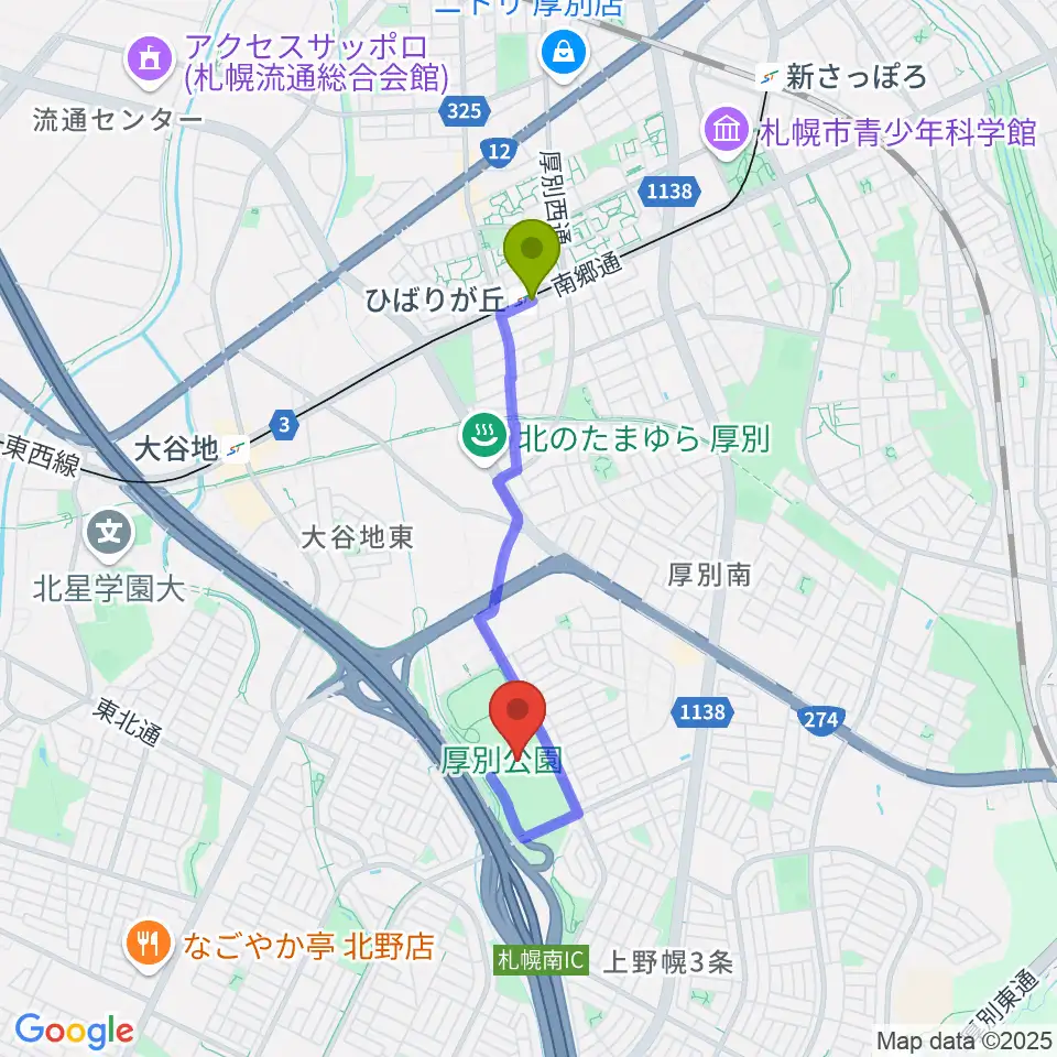 ひばりが丘駅から厚別公園競技場へのルートマップ地図