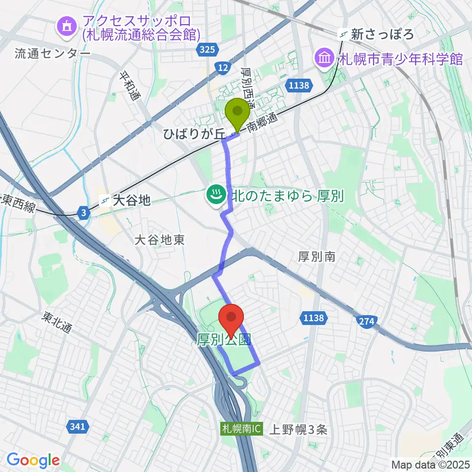 ひばりが丘駅から厚別公園競技場へのルートマップ地図