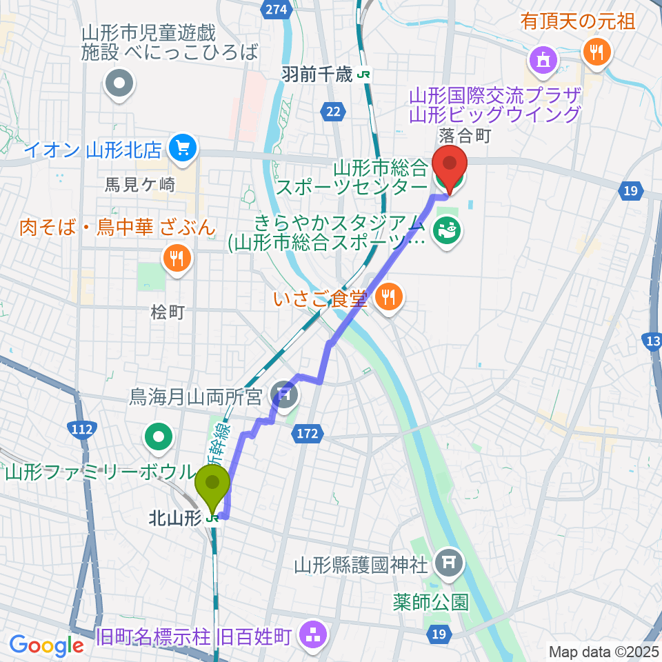 北山形駅から山形市総合スポーツセンターへのルートマップ地図