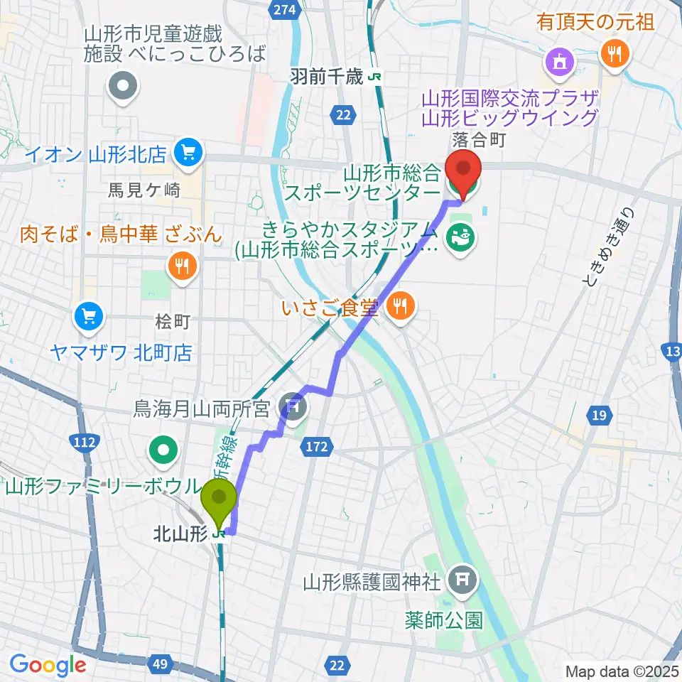 北山形駅から山形市総合スポーツセンターへのルートマップ地図