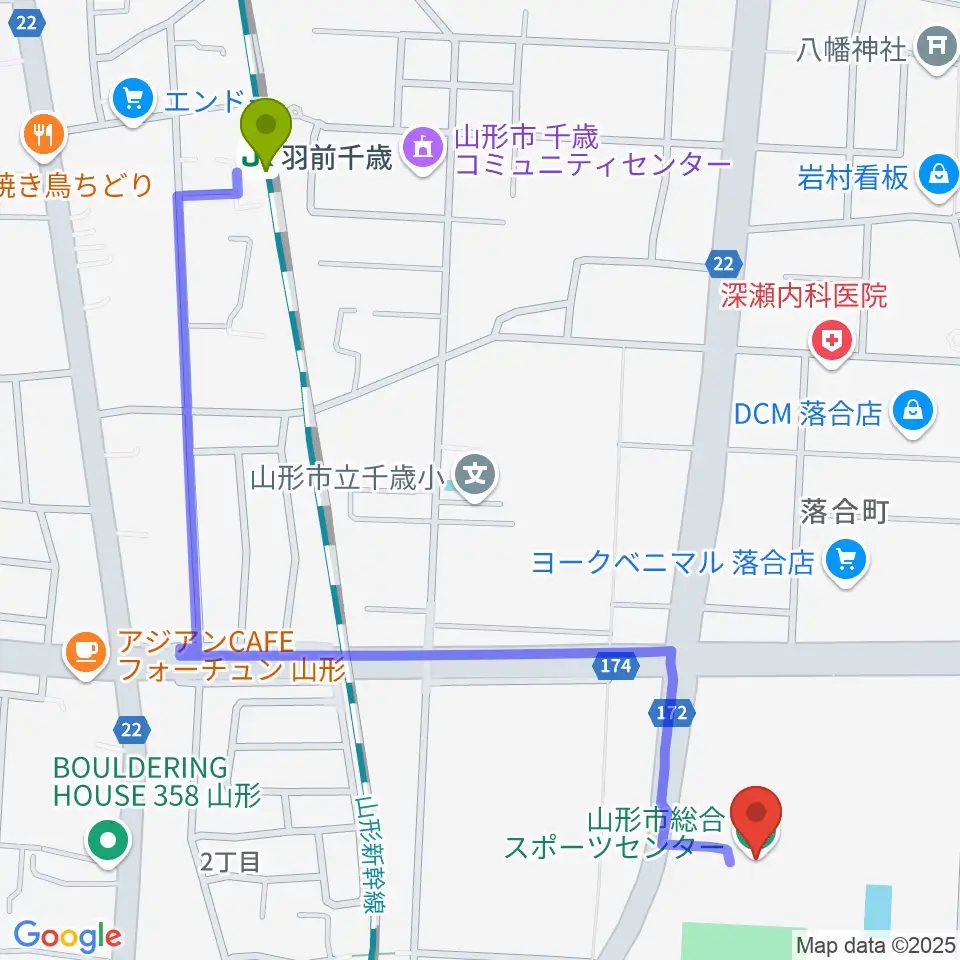 山形市総合スポーツセンターの最寄駅羽前千歳駅からの徒歩ルート（約13分）地図