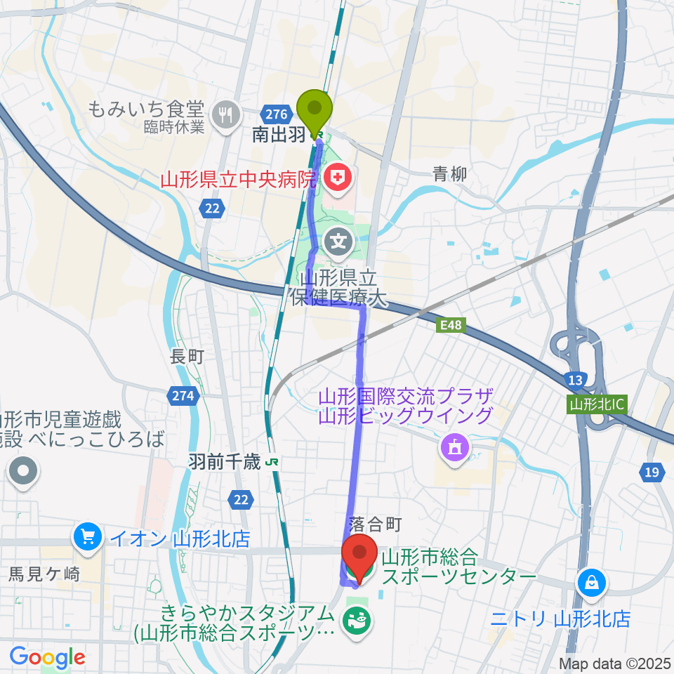 南出羽駅から山形市総合スポーツセンターへのルートマップ地図