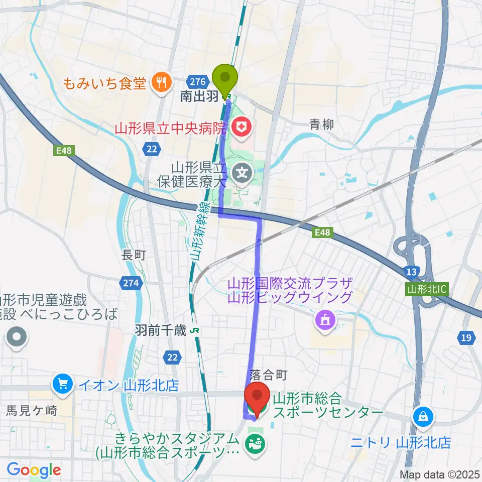 南出羽駅から山形市総合スポーツセンターへのルートマップ地図