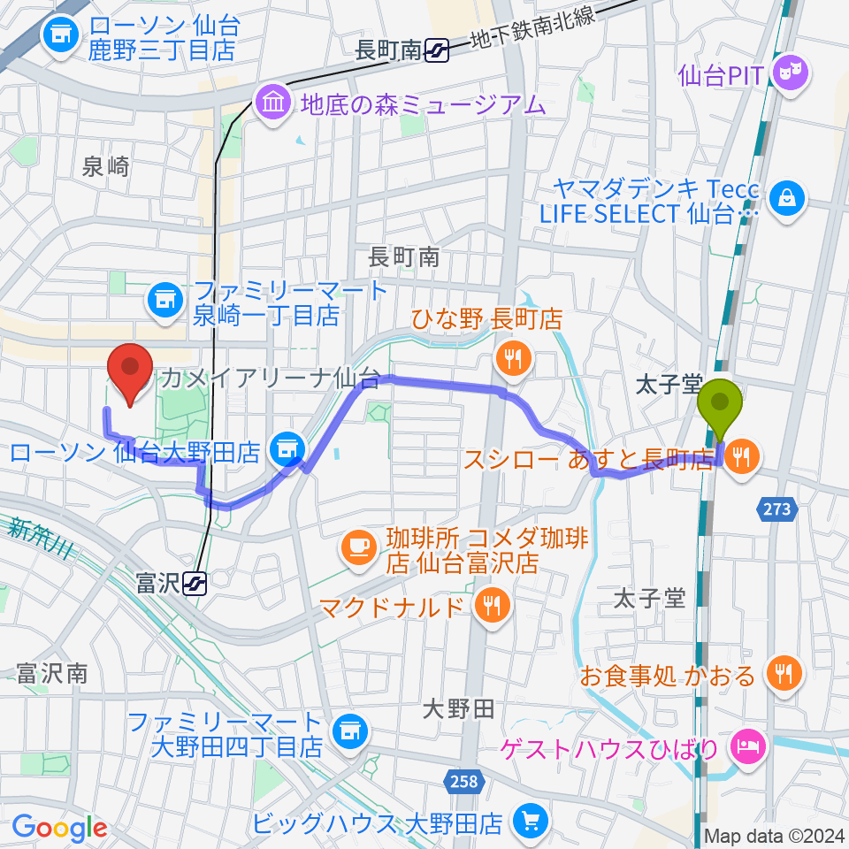 太子堂駅からカメイアリーナ仙台へのルートマップ地図