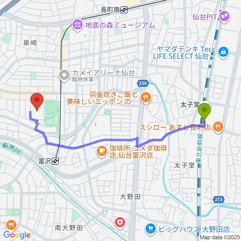 太子堂駅からカメイアリーナ仙台へのルートマップ地図