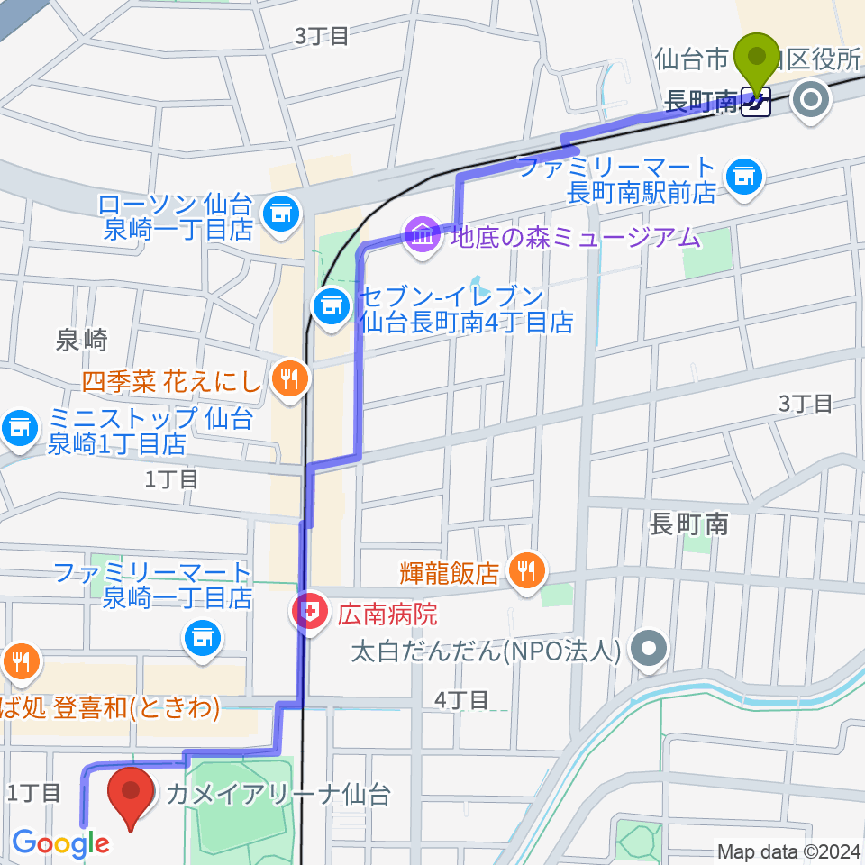 長町南駅からカメイアリーナ仙台へのルートマップ地図