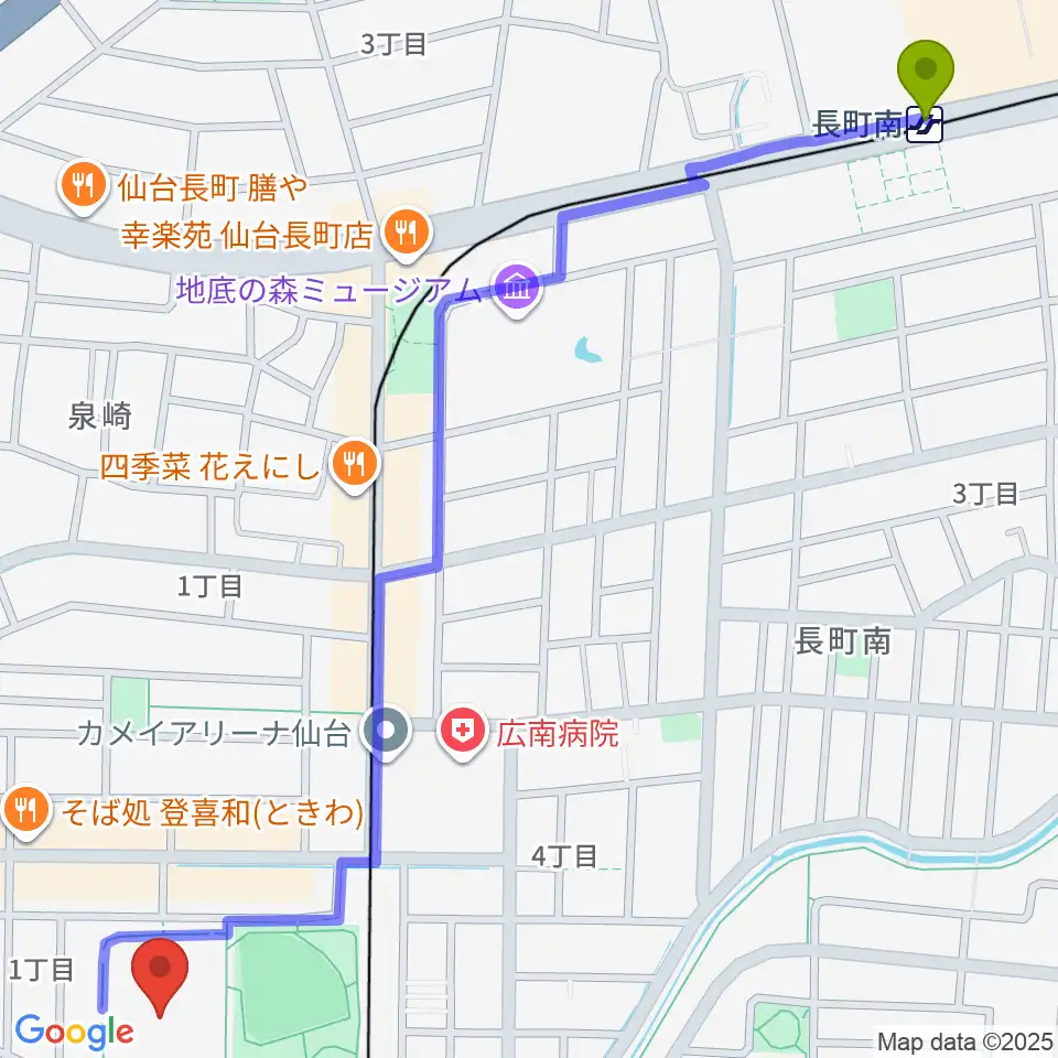 長町南駅からカメイアリーナ仙台へのルートマップ地図