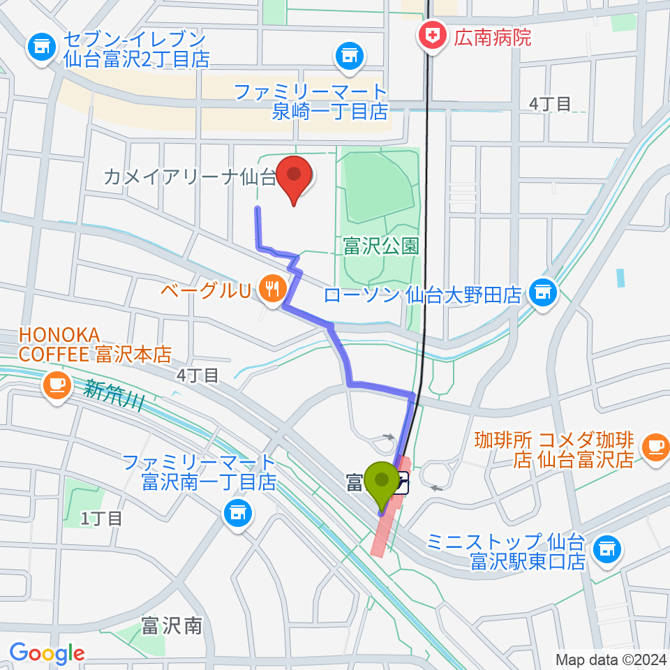 カメイアリーナ仙台の最寄駅富沢駅からの徒歩ルート（約7分）地図