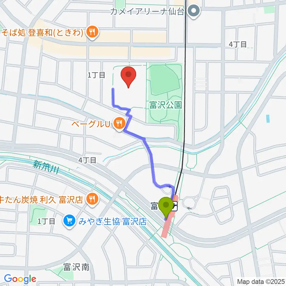 カメイアリーナ仙台の最寄駅富沢駅からの徒歩ルート（約7分）地図