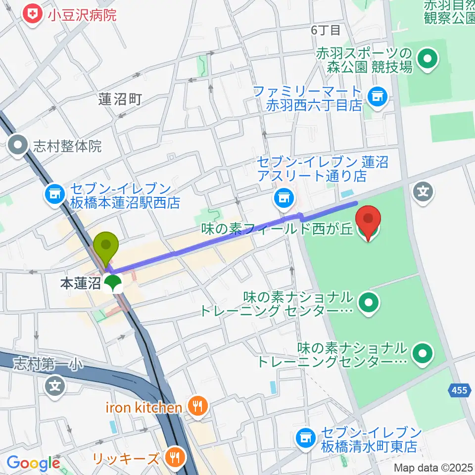 味の素フィールド西が丘の最寄駅本蓮沼駅からの徒歩ルート(約9分) MDATA 味の素フィールド西が丘の最寄駅本蓮沼駅からの徒歩ルート(約9分) MDATA