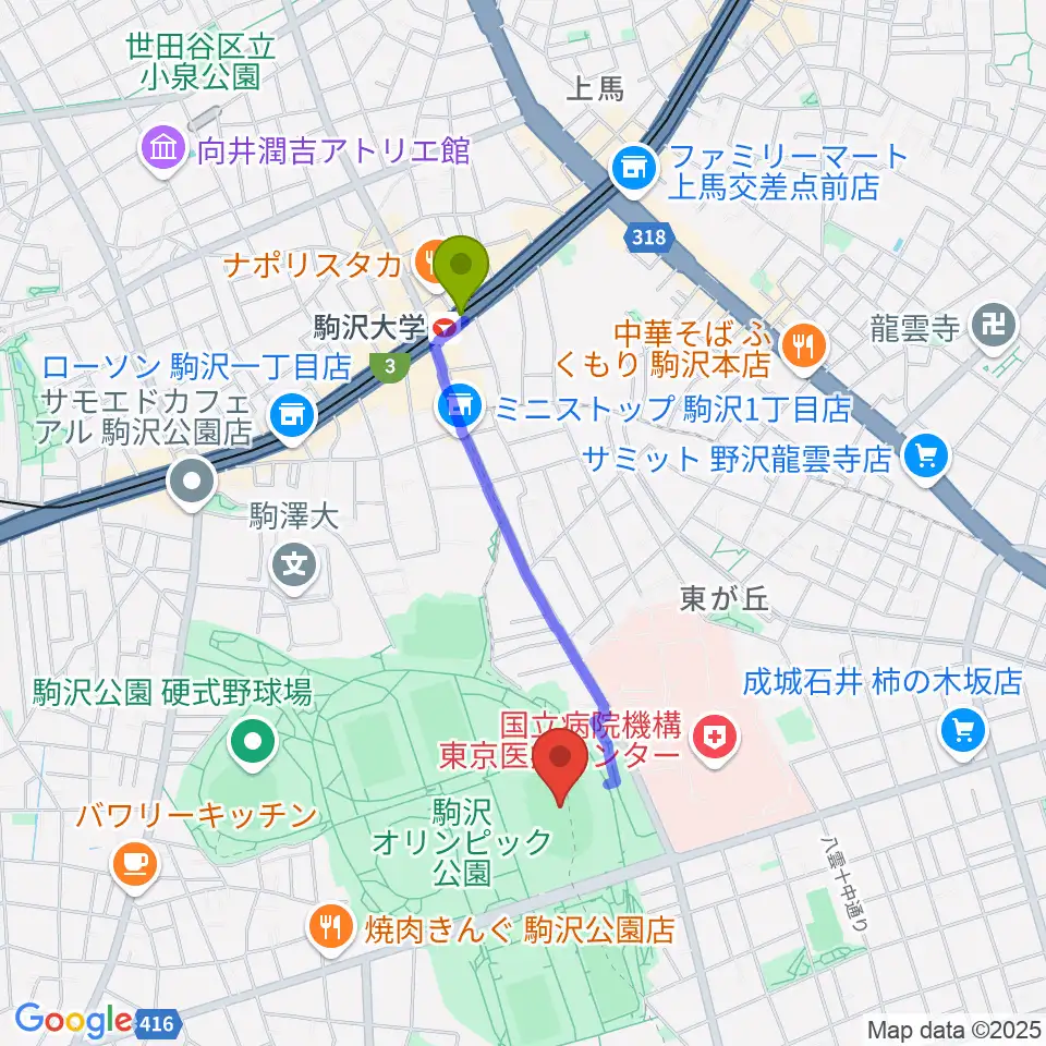 駒沢オリンピック公園陸上競技場の最寄駅駒沢大学駅からの徒歩ルート（約15分）地図