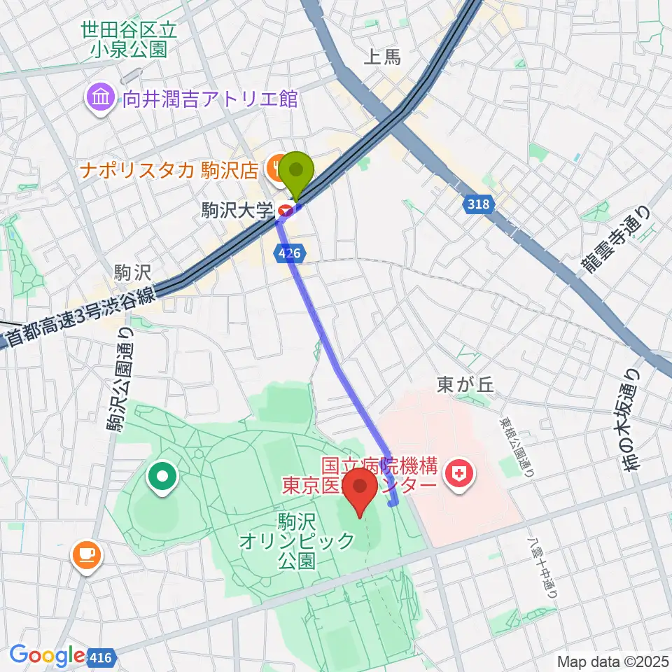駒沢オリンピック公園陸上競技場の最寄駅駒沢大学駅からの徒歩ルート（約15分）地図