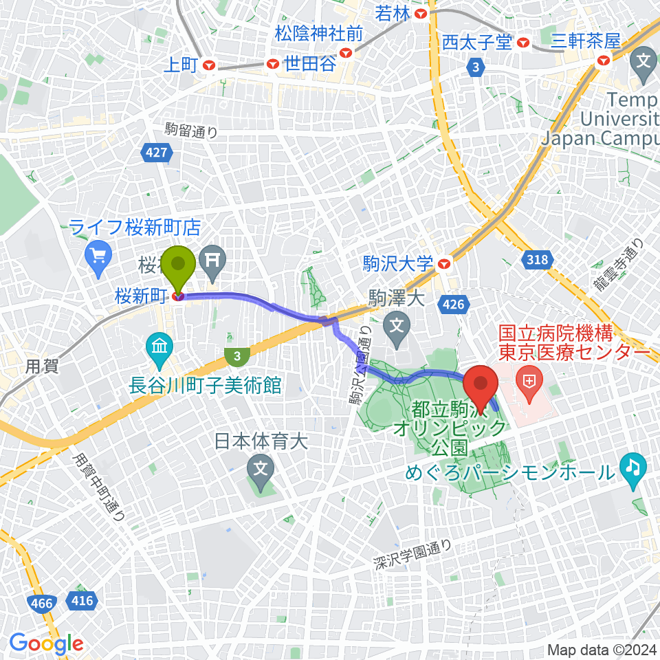 桜新町駅から駒沢オリンピック公園陸上競技場へのルートマップ地図
