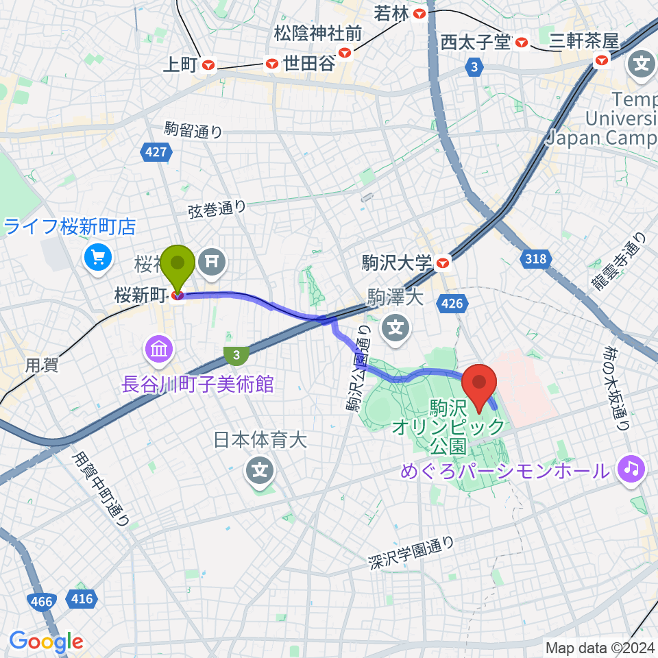 桜新町駅から駒沢オリンピック公園陸上競技場へのルートマップ地図