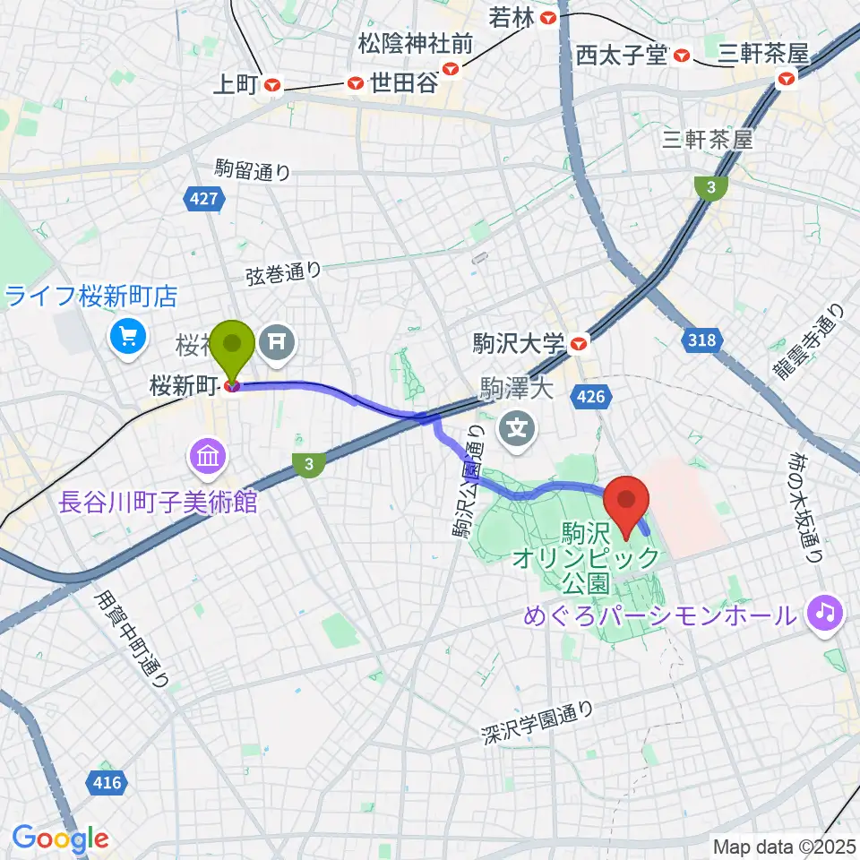 桜新町駅から駒沢オリンピック公園陸上競技場へのルートマップ地図