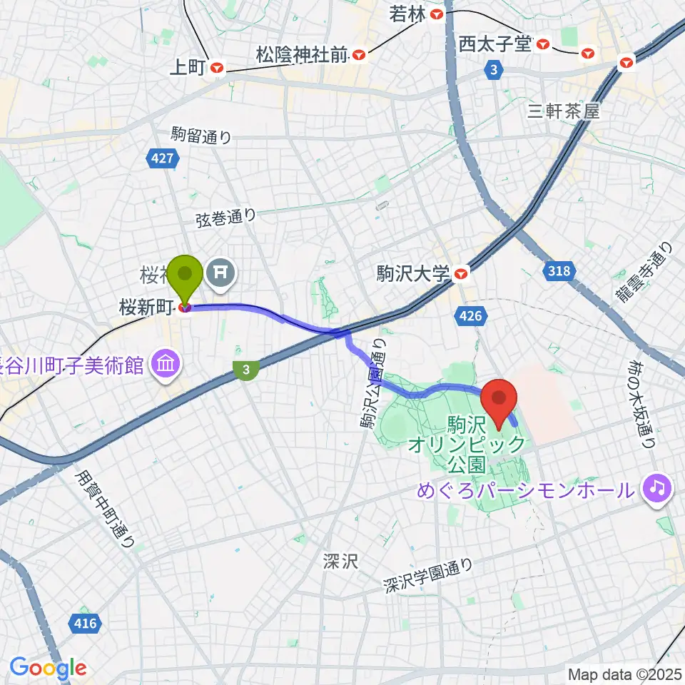 桜新町駅から駒沢オリンピック公園陸上競技場へのルートマップ地図