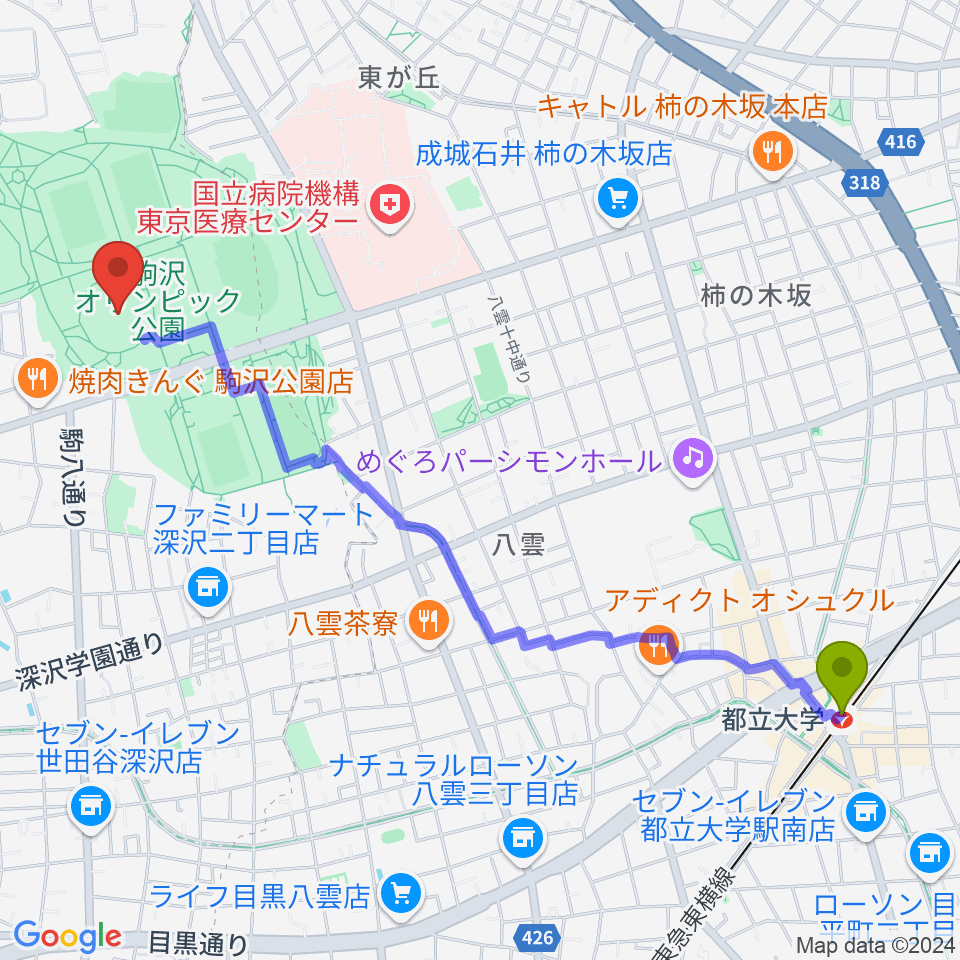 都立大学駅から駒沢オリンピック公園体育館へのルートマップ地図