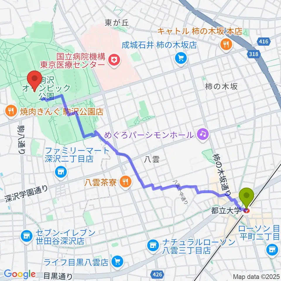 都立大学駅から駒沢オリンピック公園体育館へのルートマップ地図