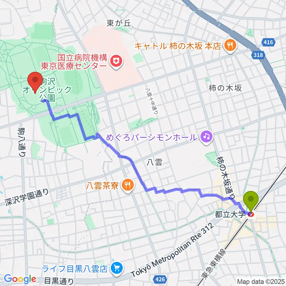 都立大学駅から駒沢オリンピック公園体育館へのルートマップ地図