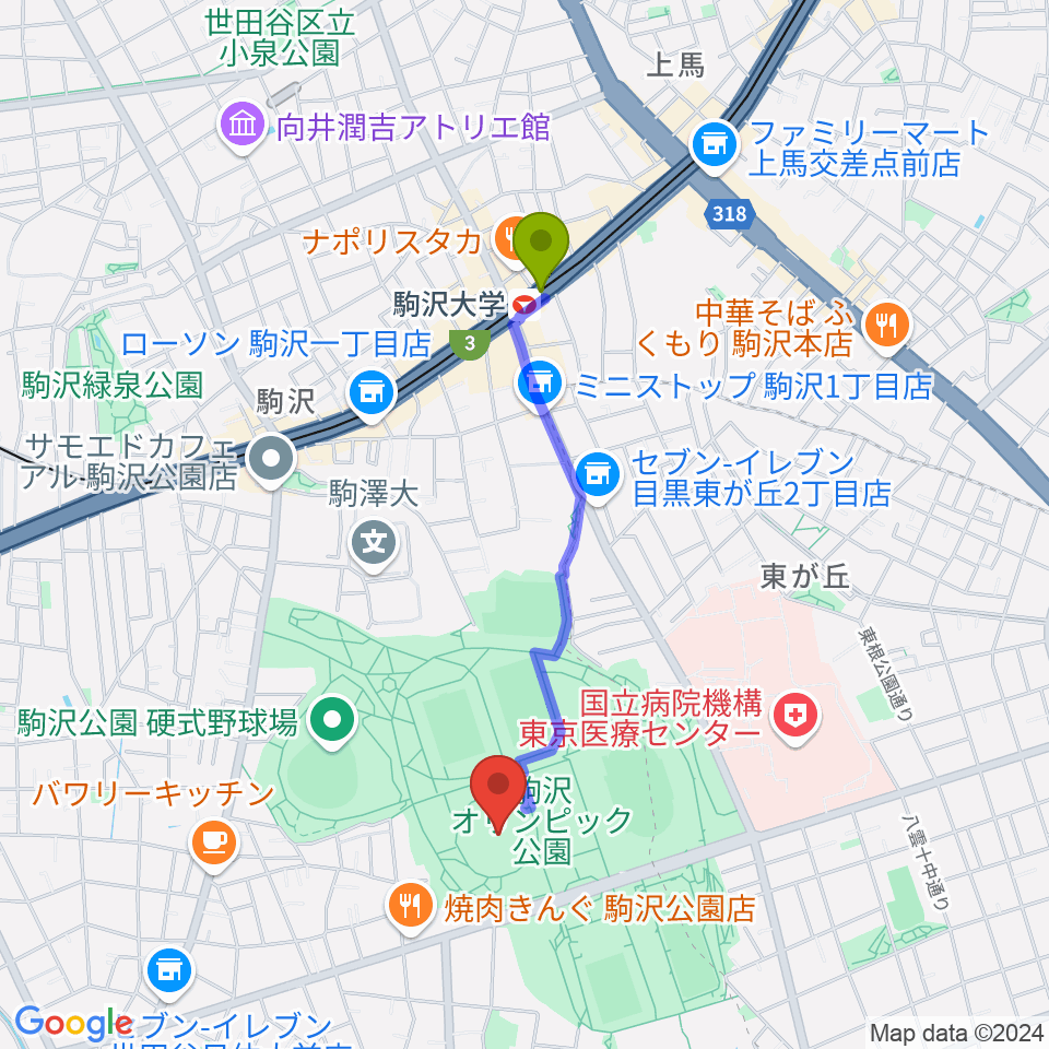 駒沢オリンピック公園体育館の最寄駅駒沢大学駅からの徒歩ルート（約16分）地図