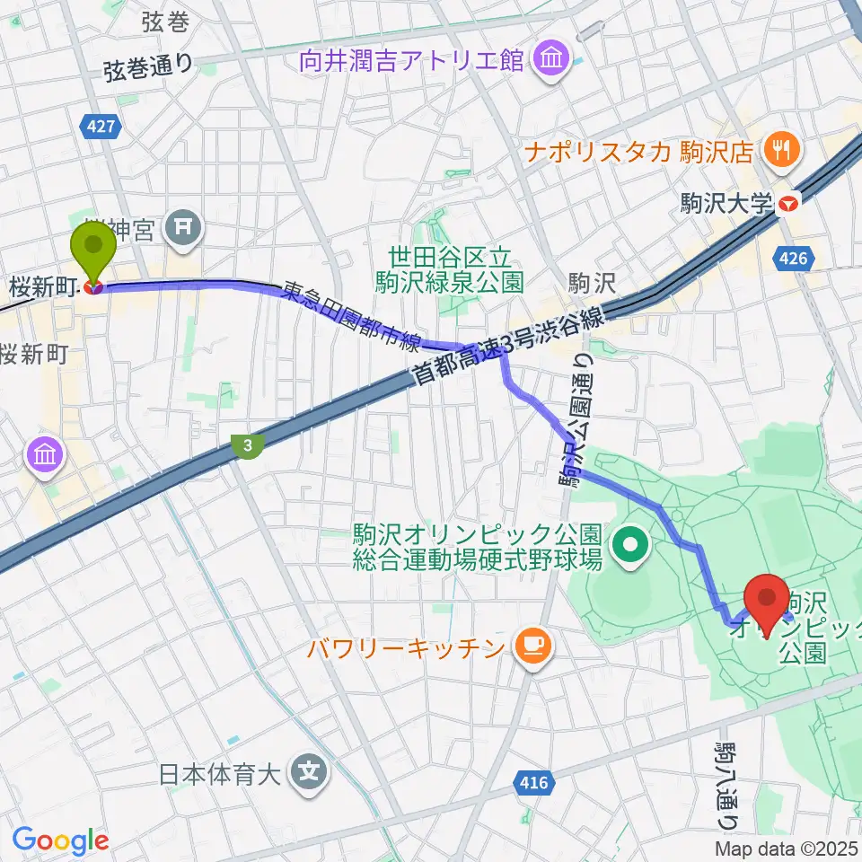桜新町駅から駒沢オリンピック公園体育館へのルートマップ地図