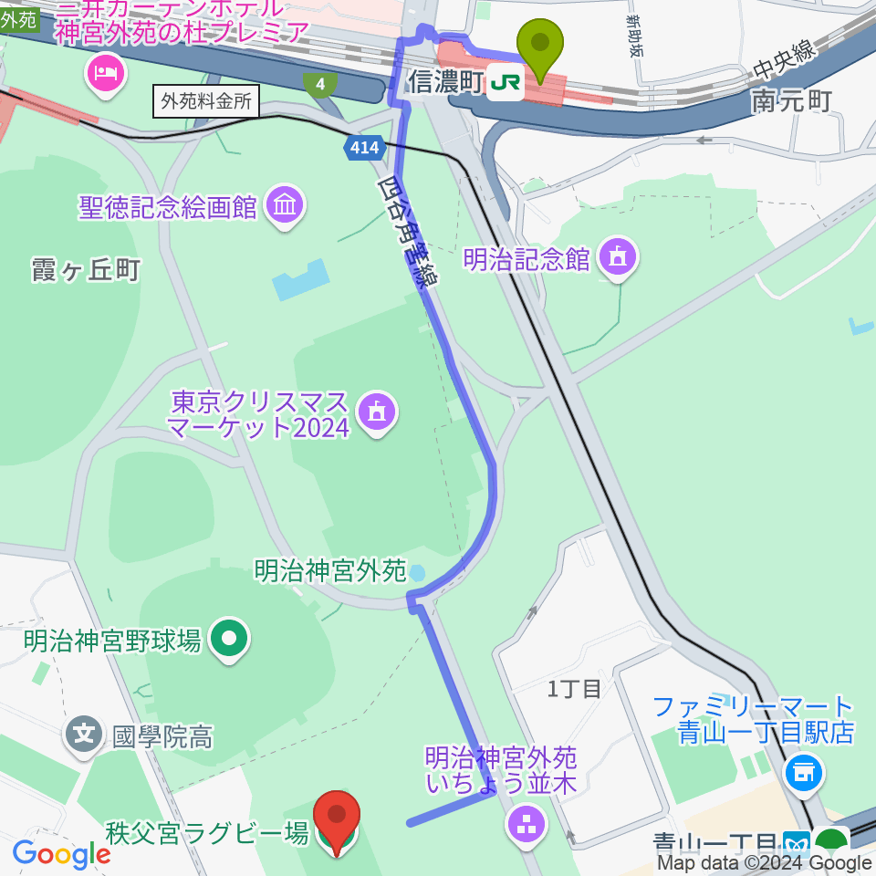 信濃町駅から秩父宮ラグビー場へのルートマップ地図