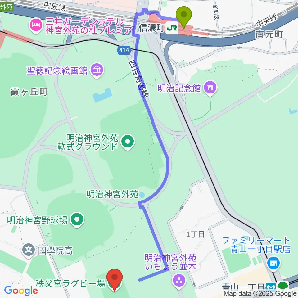 信濃町駅から秩父宮ラグビー場へのルートマップ地図