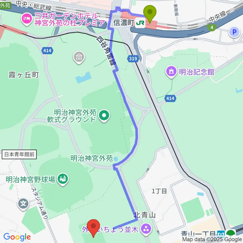 信濃町駅から秩父宮ラグビー場へのルートマップ地図