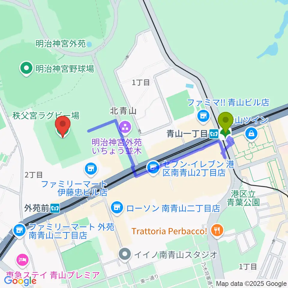 青山一丁目駅から秩父宮ラグビー場へのルートマップ地図