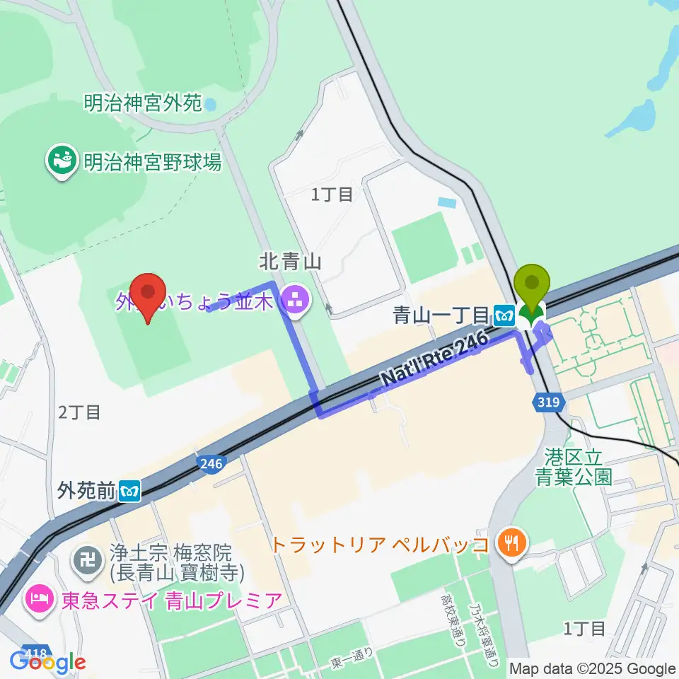 青山一丁目駅から秩父宮ラグビー場へのルートマップ地図