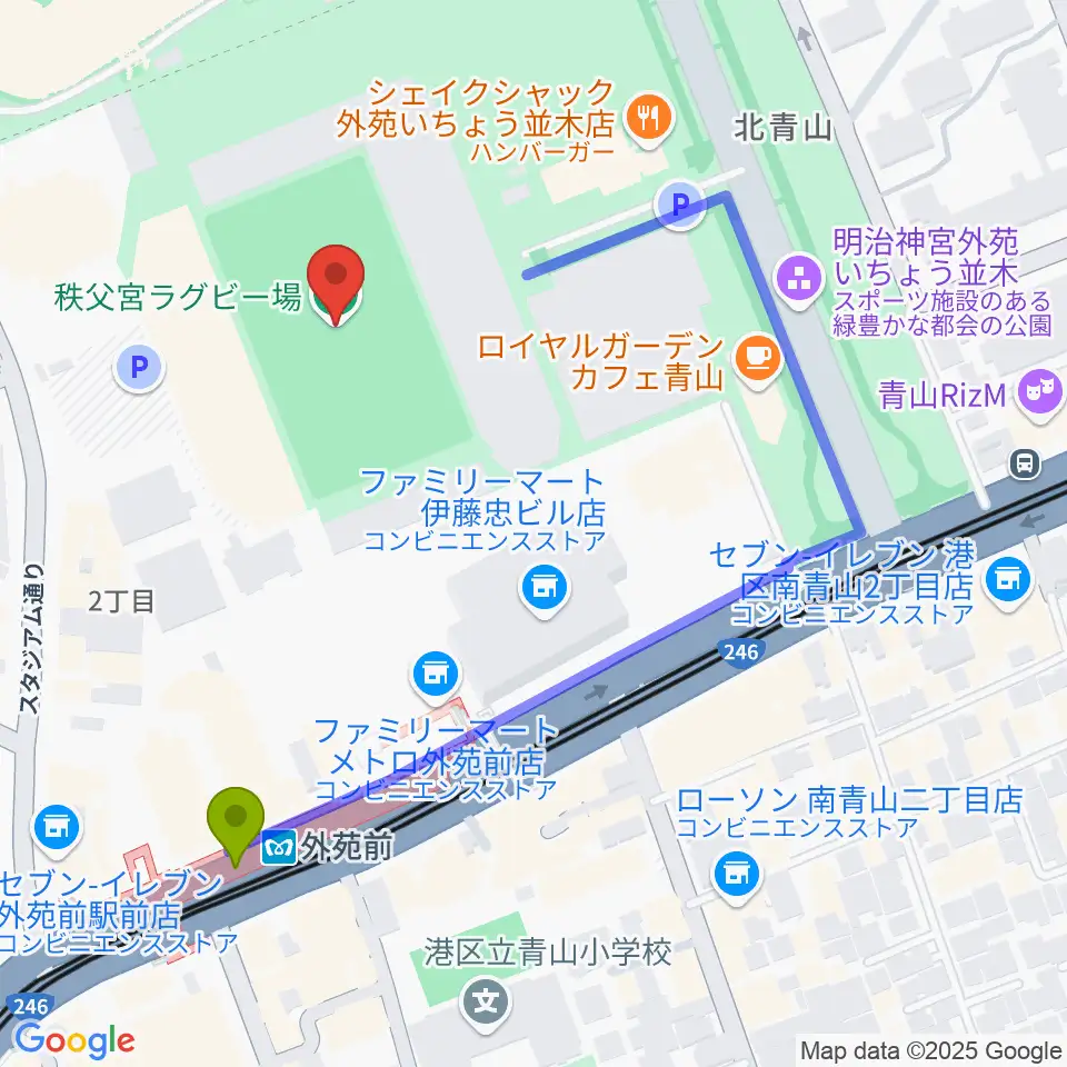 秩父宮ラグビー場の最寄駅外苑前駅からの徒歩ルート（約4分）地図