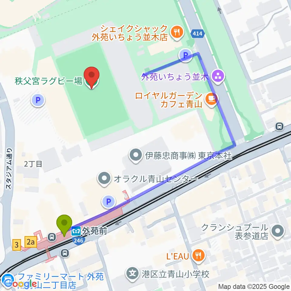 秩父宮ラグビー場の最寄駅外苑前駅からの徒歩ルート（約4分）地図
