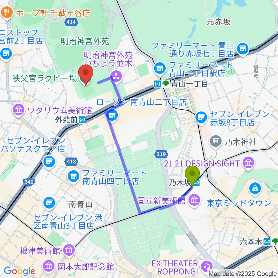 乃木坂駅から秩父宮ラグビー場へのルートマップ地図